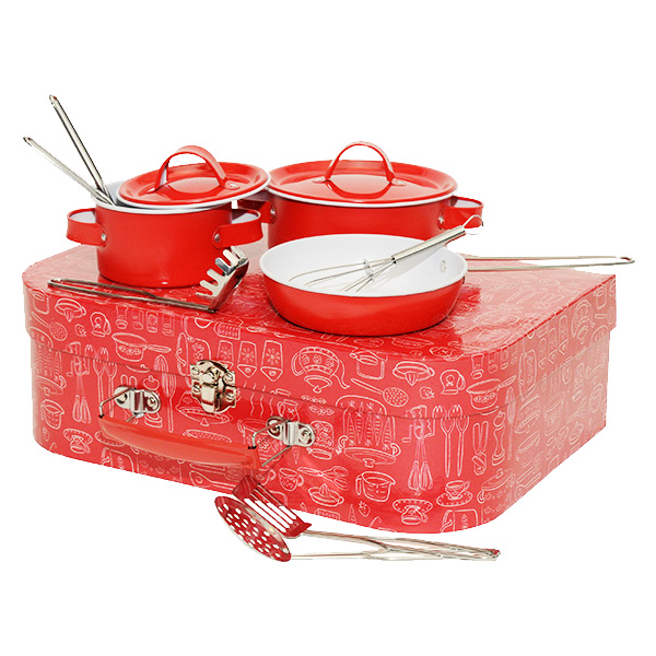 赤いボックスの箱も可愛い！お鍋とフライパン、キッチンツールのセット