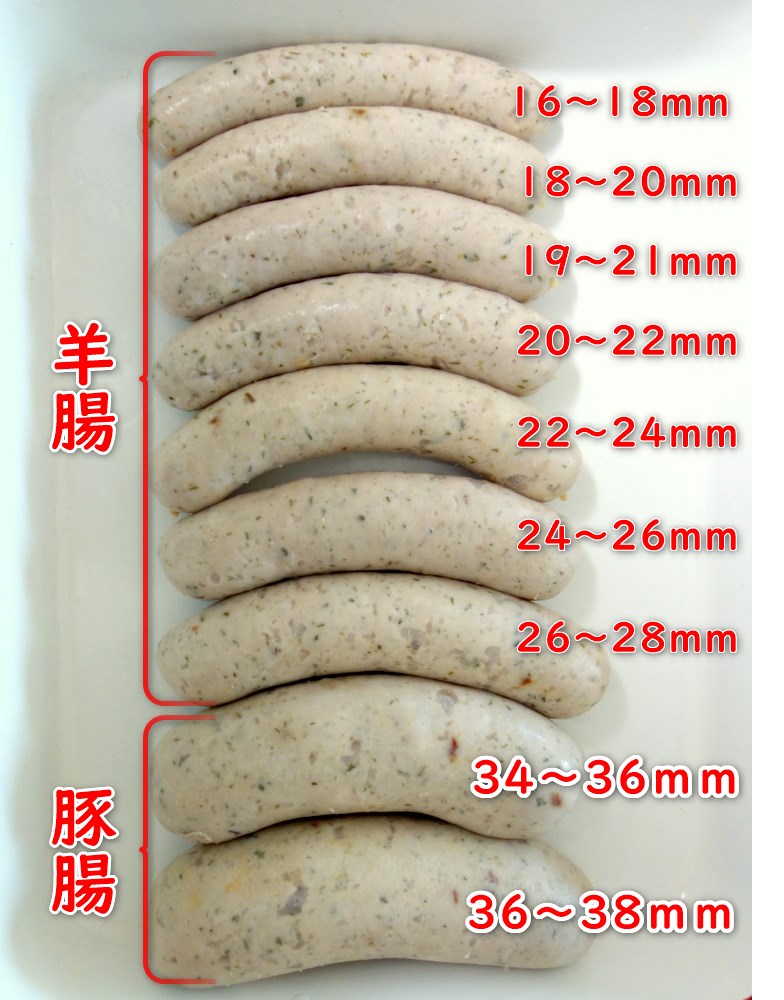 業務用の羊腸と豚腸のサイズ順一覧画像